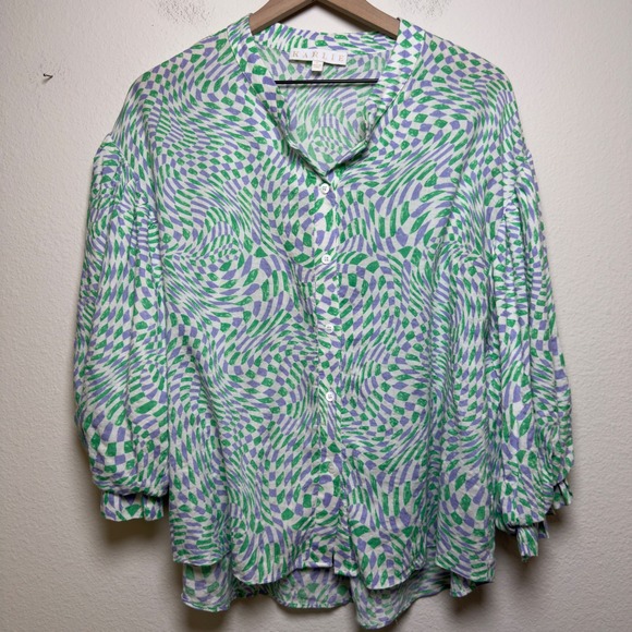 Karlie Tops - Karlie Women Cotton Too Small Green Geometric Balloon Sleeve Cottage Preppy